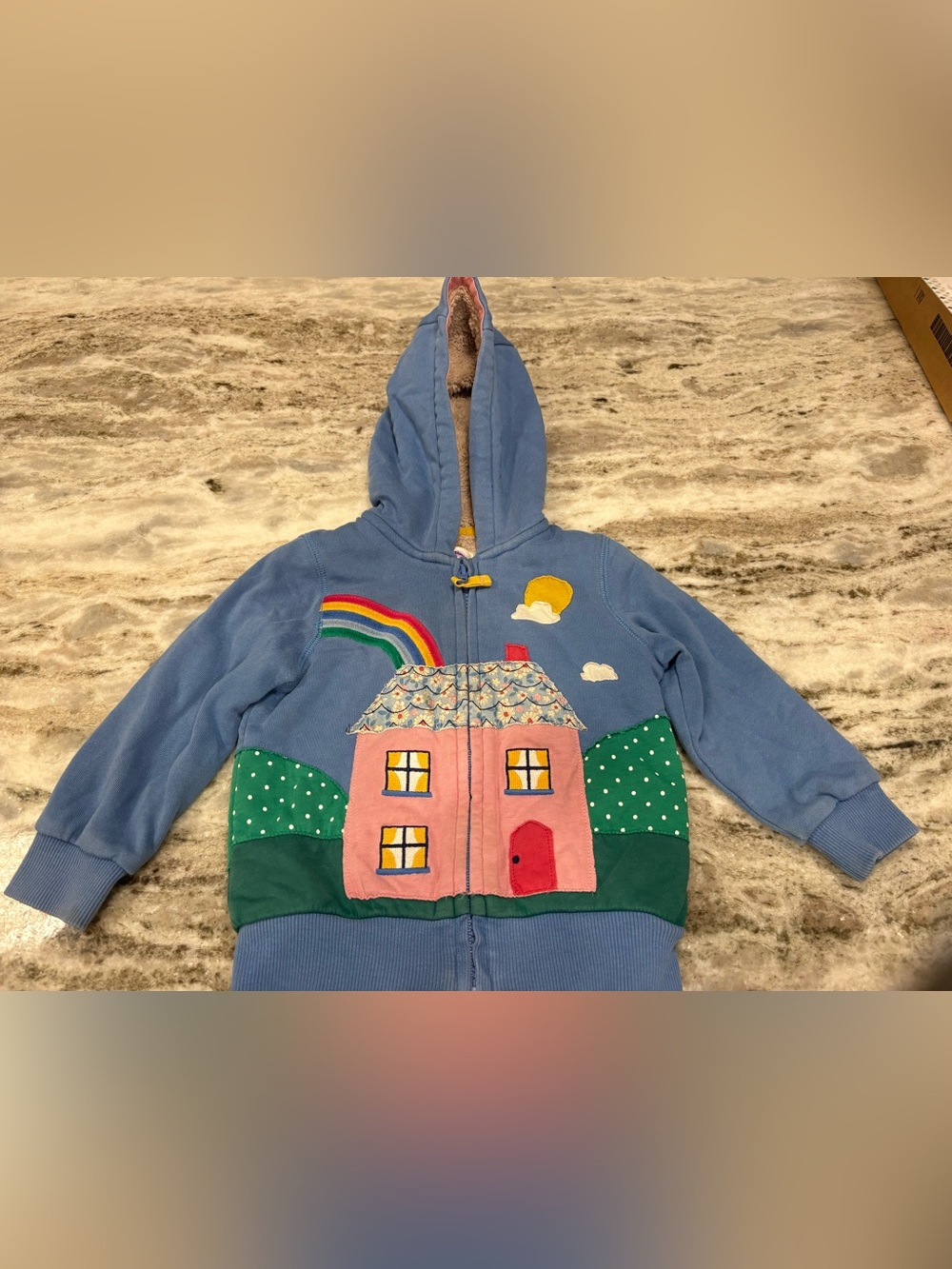 Baby Boden Blue Hooded Zip-Up Sweatshirt with Pink House Appliqué and Rainbow